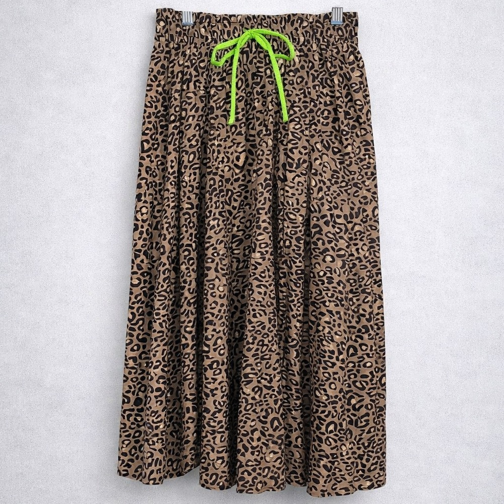 Wild Fable Leopard Midi Skirt 🐆 Tan + Brown Animal Print w/ Neon Green Tie – XS